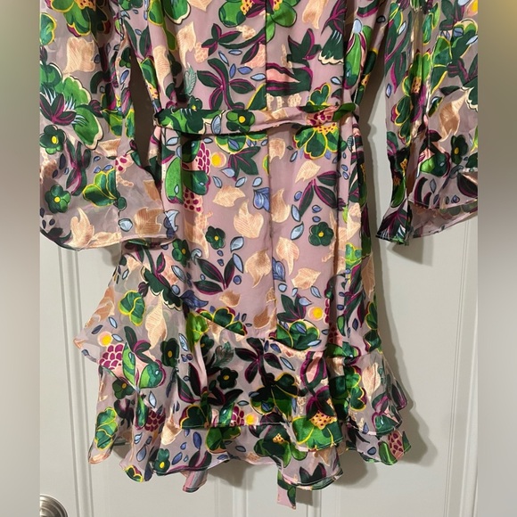 SALONI Silk Floral Ruffle Mini Dress Multicolor Light Pink Lined Slip Size 8 - Picture 13 of 13